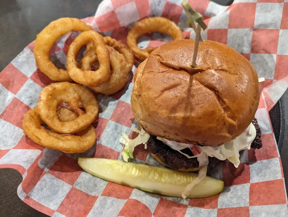 Olive Burger with Onion Rings